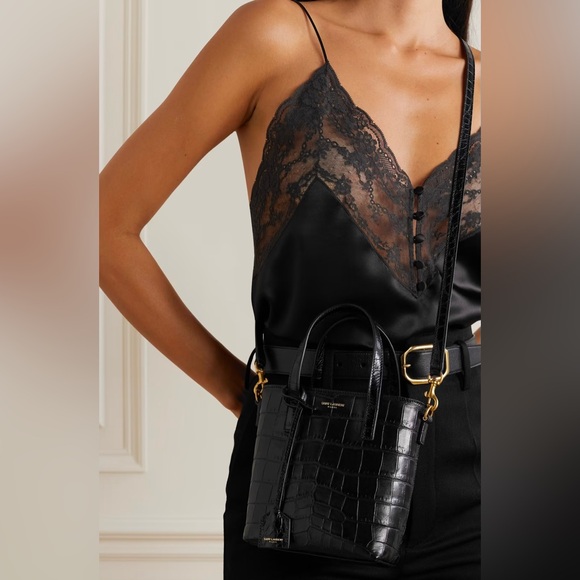 SAINT LAURENT YSL Mini Toy Shopping Bag Croc-Embossed Black Leather - Picture 1 of 7